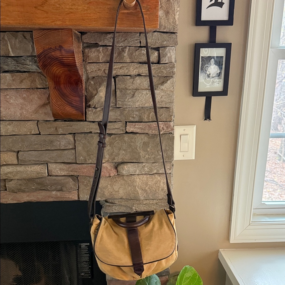 Canvas and Leather Crossbody Bag in Tan with Brown Trim